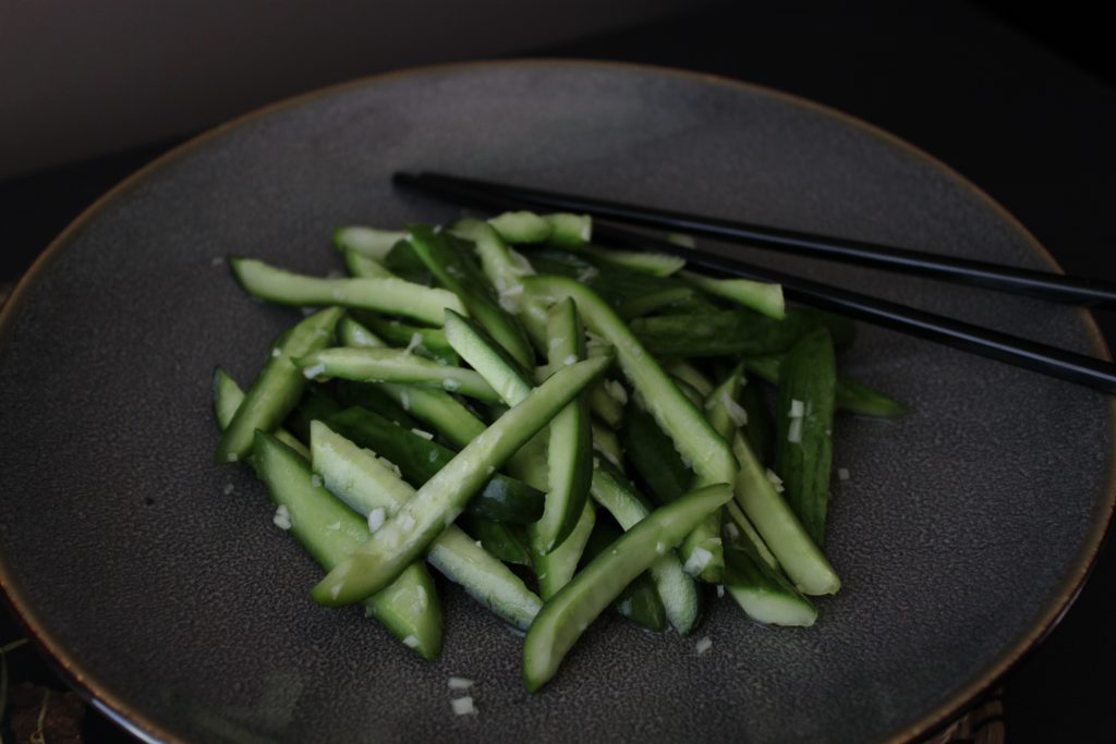 A simple four ingredient Chinese salad featuring cucumbers, salt, garlic, and sesame oil from Phoenix Claws and Jade Trees #cucumbersalad #salad #fouringredient