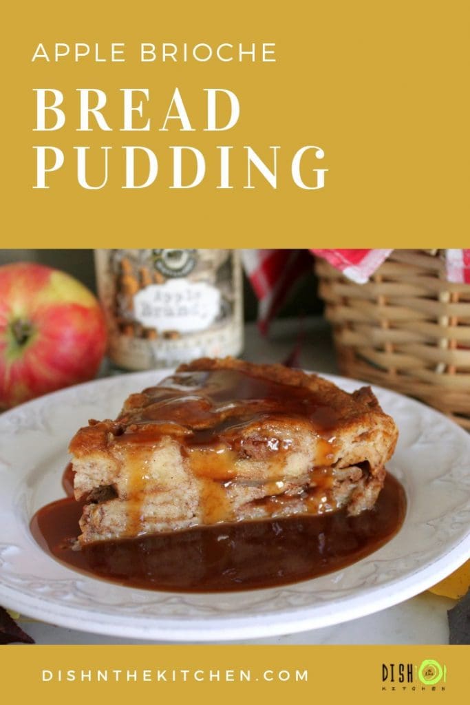 This Apple Brioche Bread Pudding is the perfect Autumn comfort food. Buttery Brioche bread and sweet apples are baked together with warming spices then served with a rich Apple Brandy Caramel Sauce. #breadpudding #briochebreadpudding #caramelsauce #falldessert #applebrandycaramel