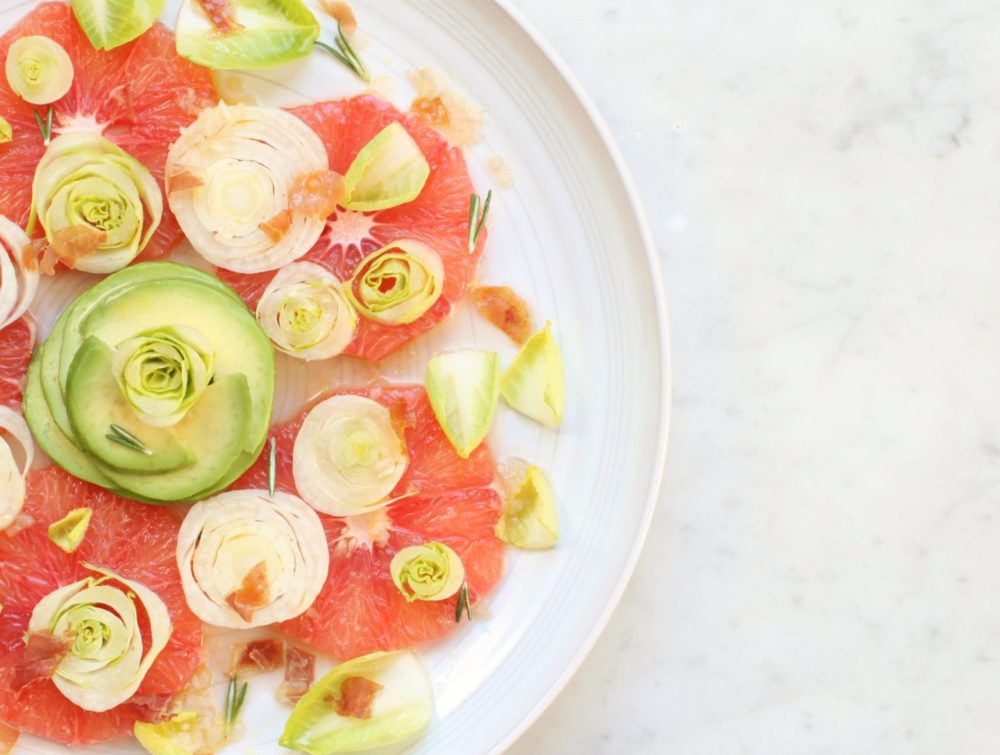 This stunning Pink Grapefruit Salad with Endive and Avocado is the perfect combination of winter seasonal ingredients and flavours. #wintersalad #salad #pinkgrapefruit #citrussalad #citrus