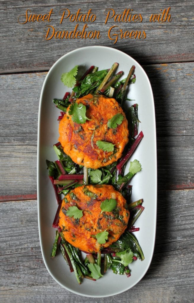 Sweet Potato Patties with Dandelion Greens #vegan #sweetpotatoes #dandelion #foraged