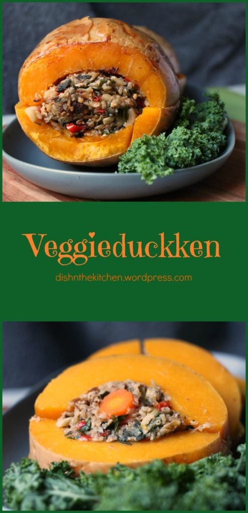 This entire stuffed and roasted butternut squash makes a great holiday side dish or main dish for vegans and vegetarians. Delicious and meant to mimic the famous turducken at your holiday table. #vegan #vegetarian #sides #veggiedukken