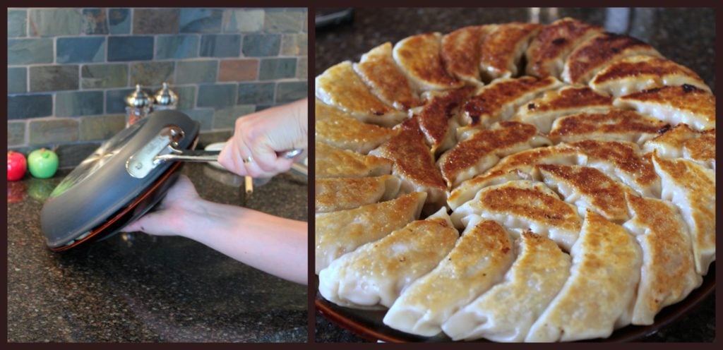 Two photos showing how to flip pan fried dumplings.