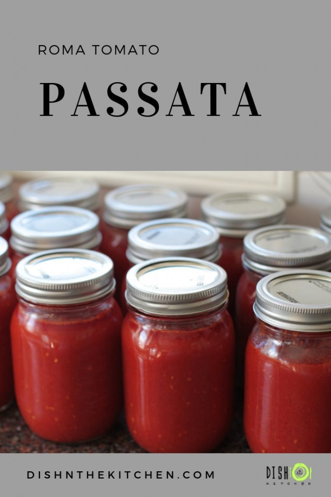 Make the most out of ripe Roma tomatoes by preserving them in this simple passata. It's delicous on it's own with pasta or used in your favourite recipe. #Passata #preserving #canning #tomatosauce #hotwaterbath